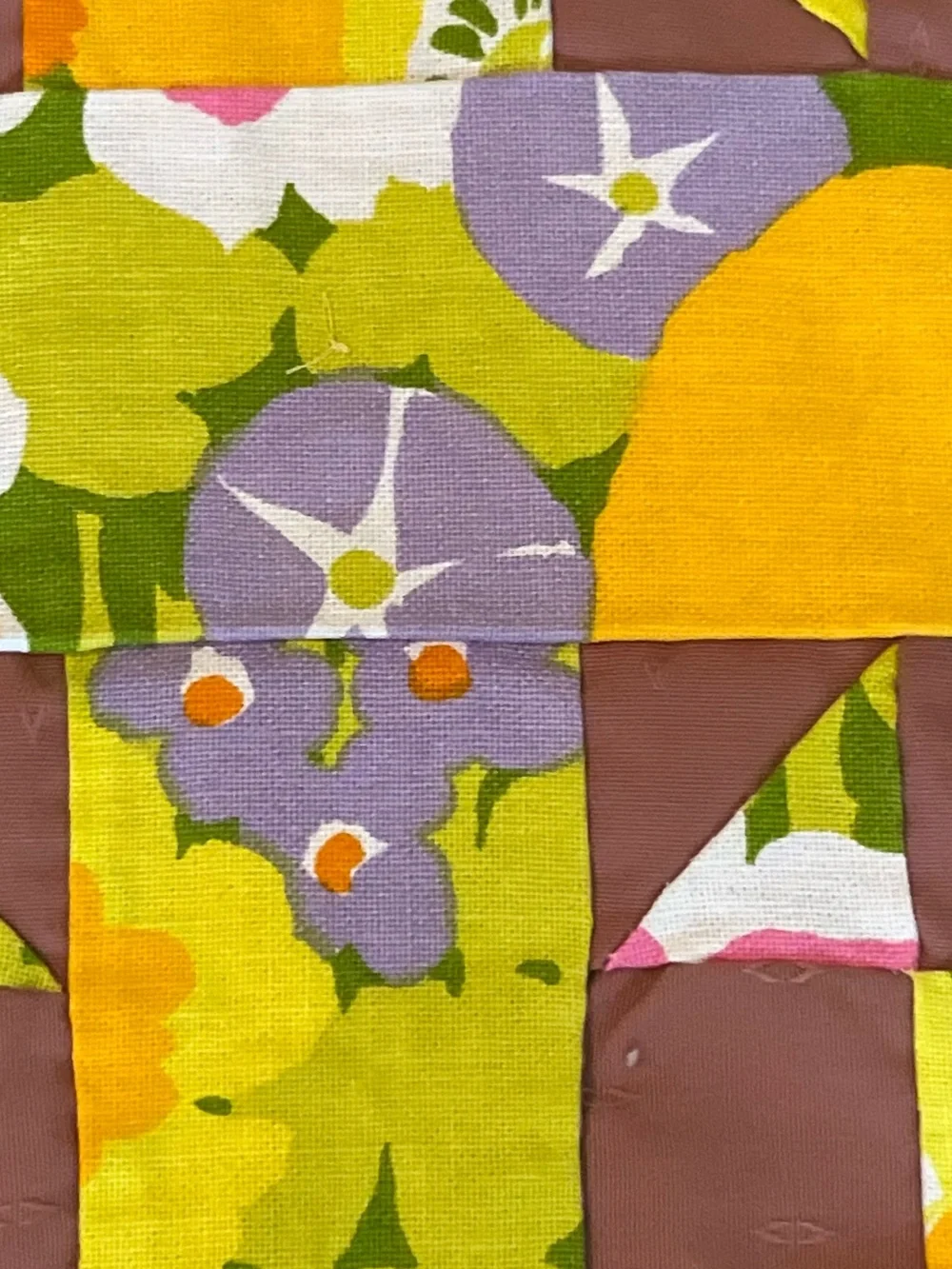 Vintage Vibrant Floral Patchwork Quilt Mid-Century Colors Yellow & Brown 64x80